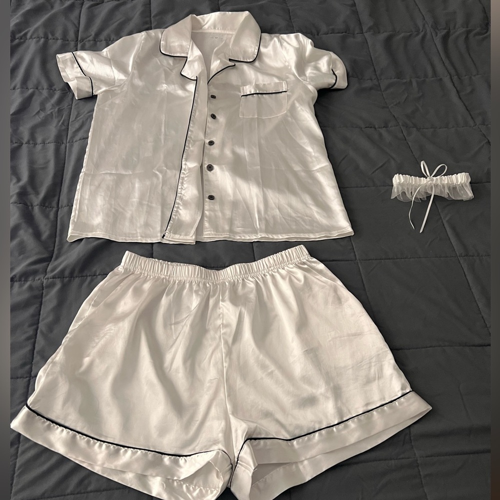 White pajama set, great for bachelorette party or wedding!